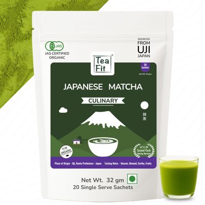 TeaFit Culinary Japanese Matcha Tea Powder, 32gm (20 Sachets) | Sourced from Uji, Japan | 100% Pure & Authentic Culinary Grade Green Tea | Rich in Anti-Oxidants | Everyday Matcha
