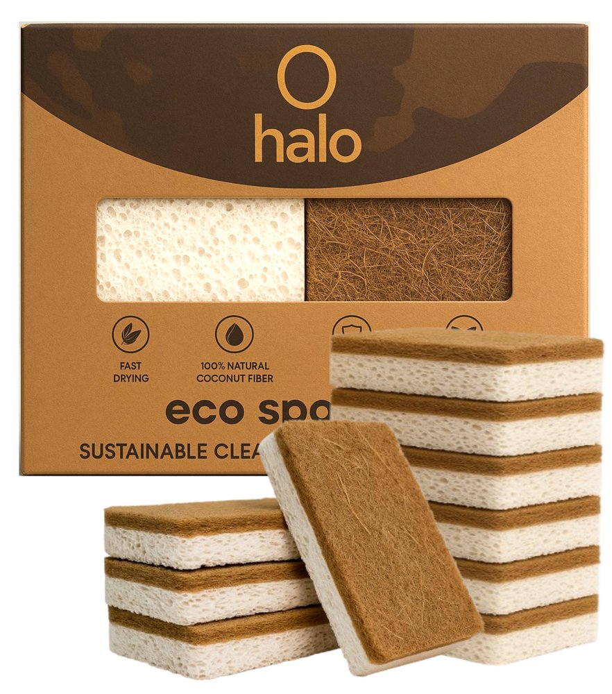 Halo Eco Sponges (Pack of 10)  Dual-Sided Biodegradable Kitchen Sponge with Natural Coconut Fiber & Cellulose | Scratch-Free, Durable & Eco-Friendly Scrubber for Washing, Kitchen & Home Cleaning