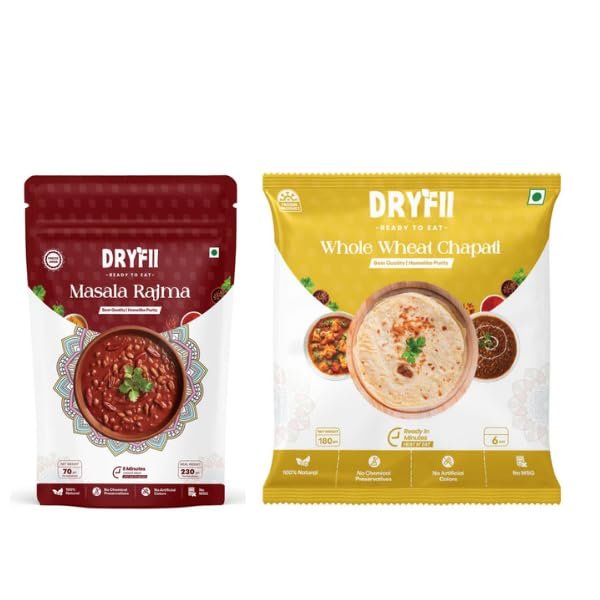 Dryfii Ready-to-Eat Combo  Masala Rajma & Chapati | 5 Masala Paratha in 1 Pack| Instant Veg Meal | Heat & Eat | Travel-Friendly & No Preservatives| Pack of 2