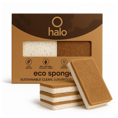 Halo Eco Sponges (Pack of 4)  Dual-Sided Biodegradable Kitchen Sponge with Natural Coconut Fiber & Cellulose | Scratch-Free, Durable & Eco-Friendly Scrubber for Washing, Kitchen & Home Cleaning