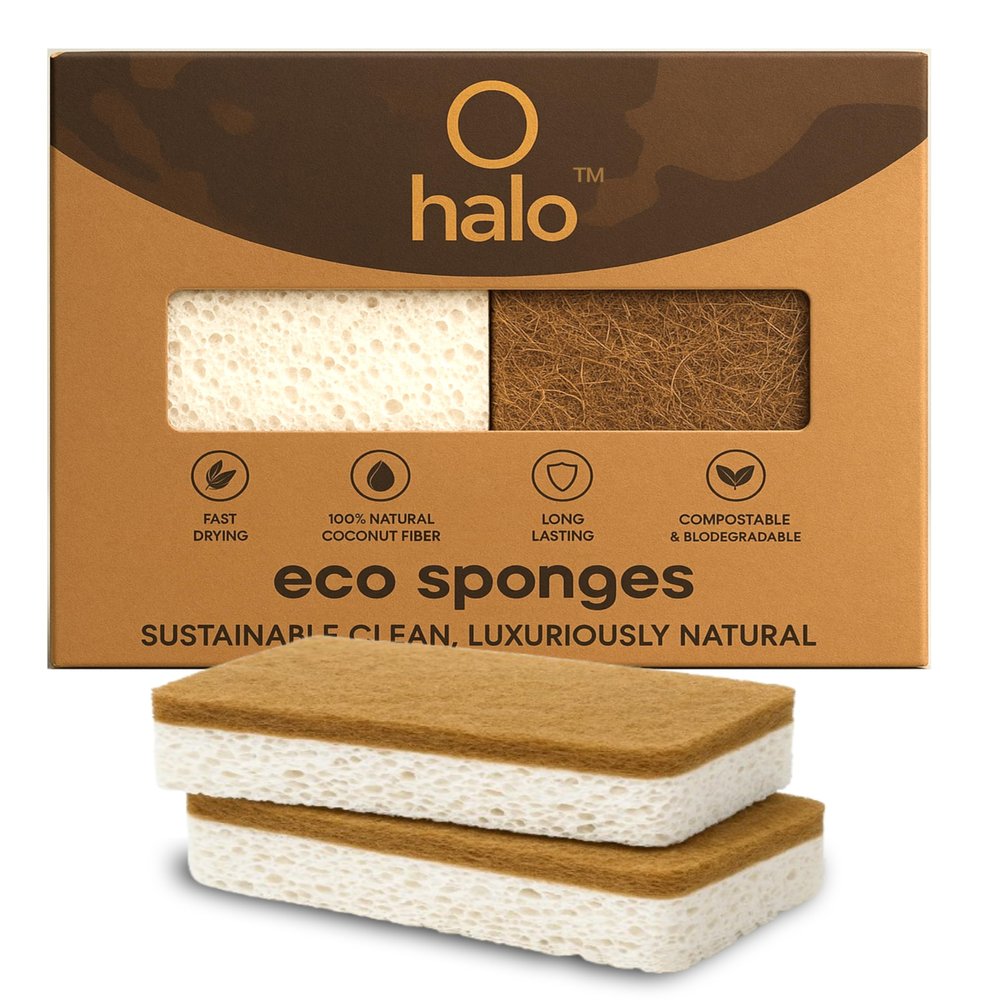 Halo Eco Sponges (Pack of 2) 100% Scratch-Free Luxury eco-Friendly Kitchen Scrubber for Gentle Cleaning of Delicate Dishes | Dual-Sided, Durable & Biodegradable Scrubber for Kitchen & Home Cleaning