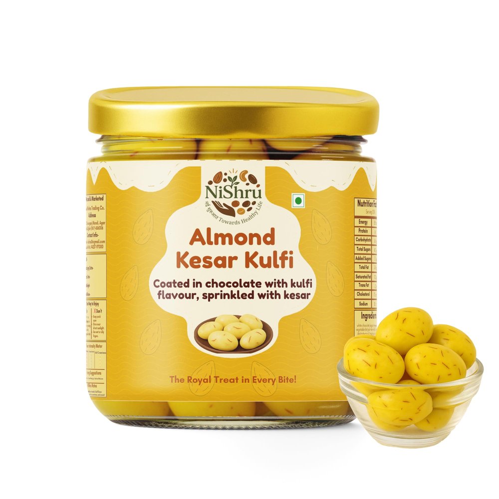 NiShru Almond Kesar Kulfi | Premium Flavoured Almonds | Rich Kesar & Kulfi Fusion | Healthy Crunchy Snack | Protein-Rich Gourmet Treat (125 Gram)