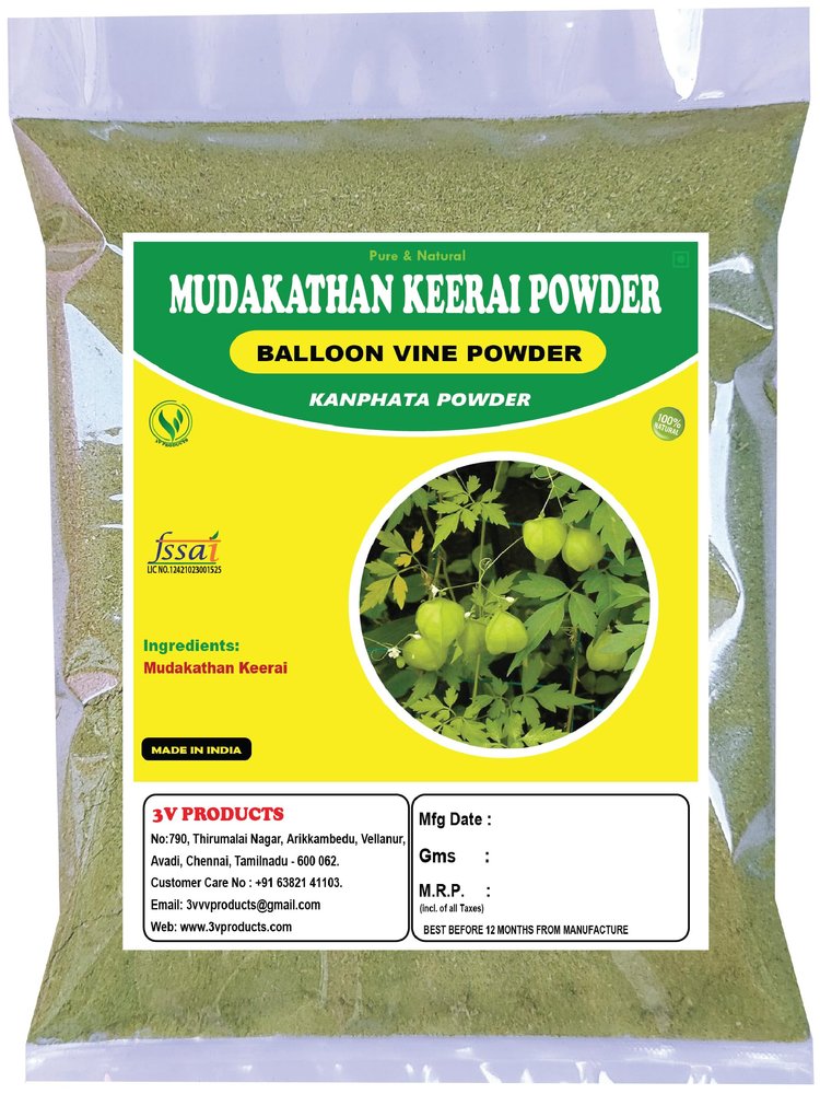 3V PRODUCTS Mudakathan Keerai Powder 400Gm | Balloon Vine Leaf | Kanphata | Cardiospermum Halicababum (Pack of 4x100g)