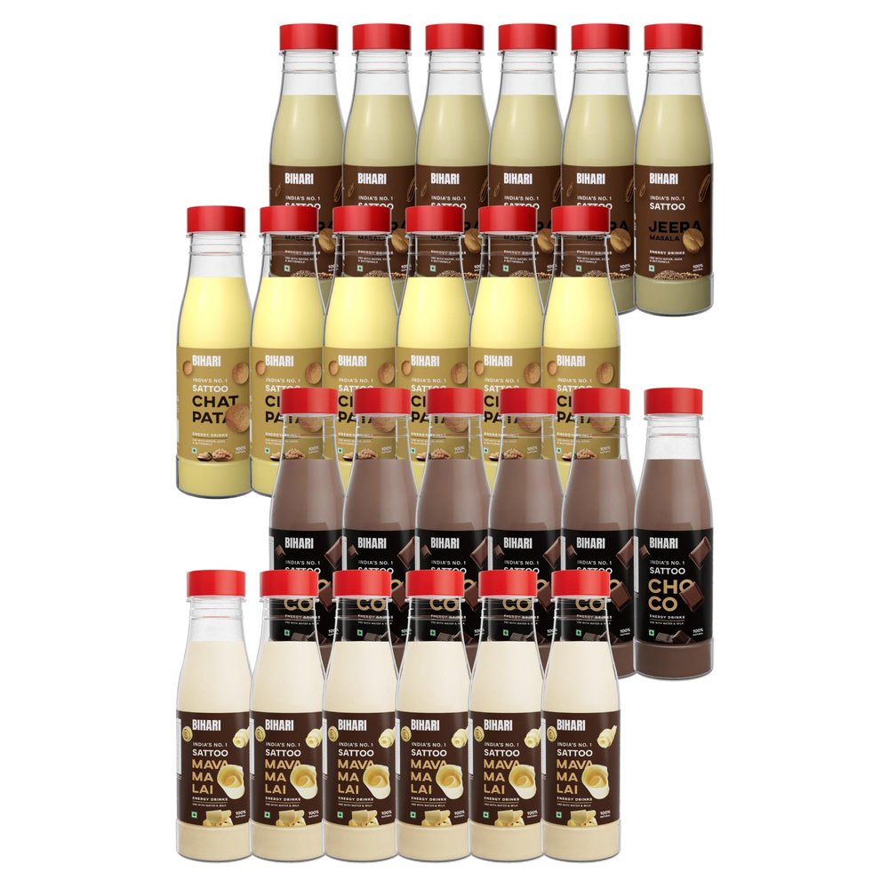 BIHARI JEERA MASALA | CHATPATA | CHOCO | MAVA MALAI | Sattoo Energy Drink Combo Pack 24 | Gluten Free | High Fiber | 100% Natural | Improves Hair & Skin & Helps in Digestion