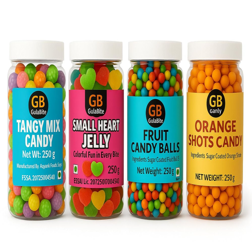 GulaBite Candy Variety Pack, 4 Flavours, 4x250g Each, Tangy Mix, Heart Jelly, Fruit Balls, Orange Shots - 1kg Total Weight