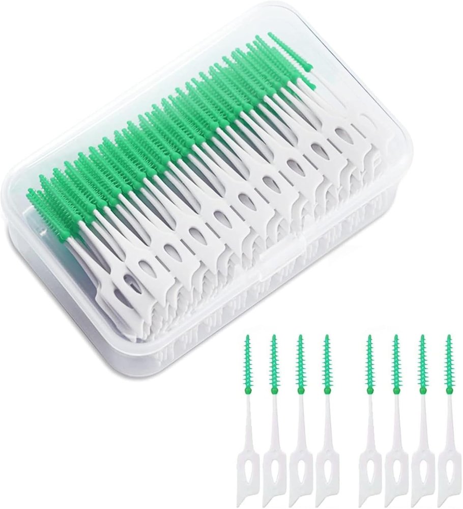 Styllent Pack of 80 Interdental Brushes, Soft Silicone Adaptive Interdental Brush, Teeth Cleaning Tool, Portable Dual-Use Dental Floss Stick for Cleaner, Interdental Brush, Back Brush (Green, M) (80)