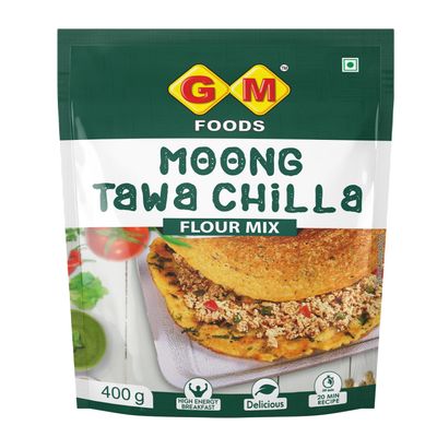 GM Foods Moong Tawa Chilla Flour 400 Gram | Nutritious & High Protein Instant Breakfast | Multi Dal & Multigrain Chilla Powder | Ready in 3 Easy Steps | Fibre Rich Meal for Kids & Adults