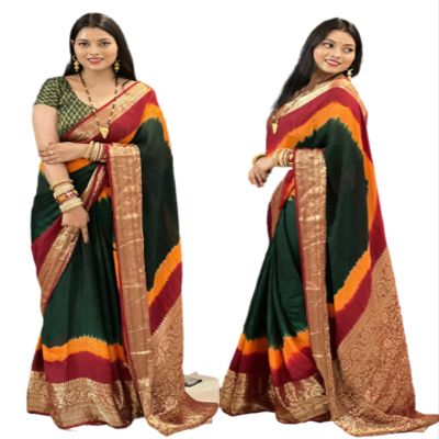 Zingme Wedding Bandhani Art Silk Saree with Blouse Piece - Traditional Tie Dye 3D Concept Multicolor Festival Yellow Color Georgette Saree