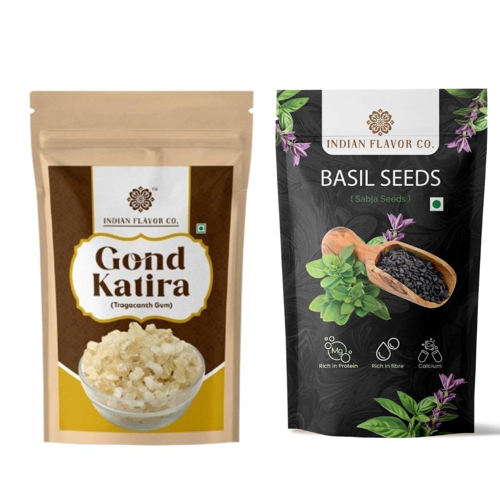 INDIAN FLAVOR CO. Gond katira and Sabja seeds Combo | Gond katira 300g and Sabja seeds 200g | Tragacanth Gum Crystals & Tukhmaria | Badam Pisin & Basil Seeds | Body Cooling Properties
