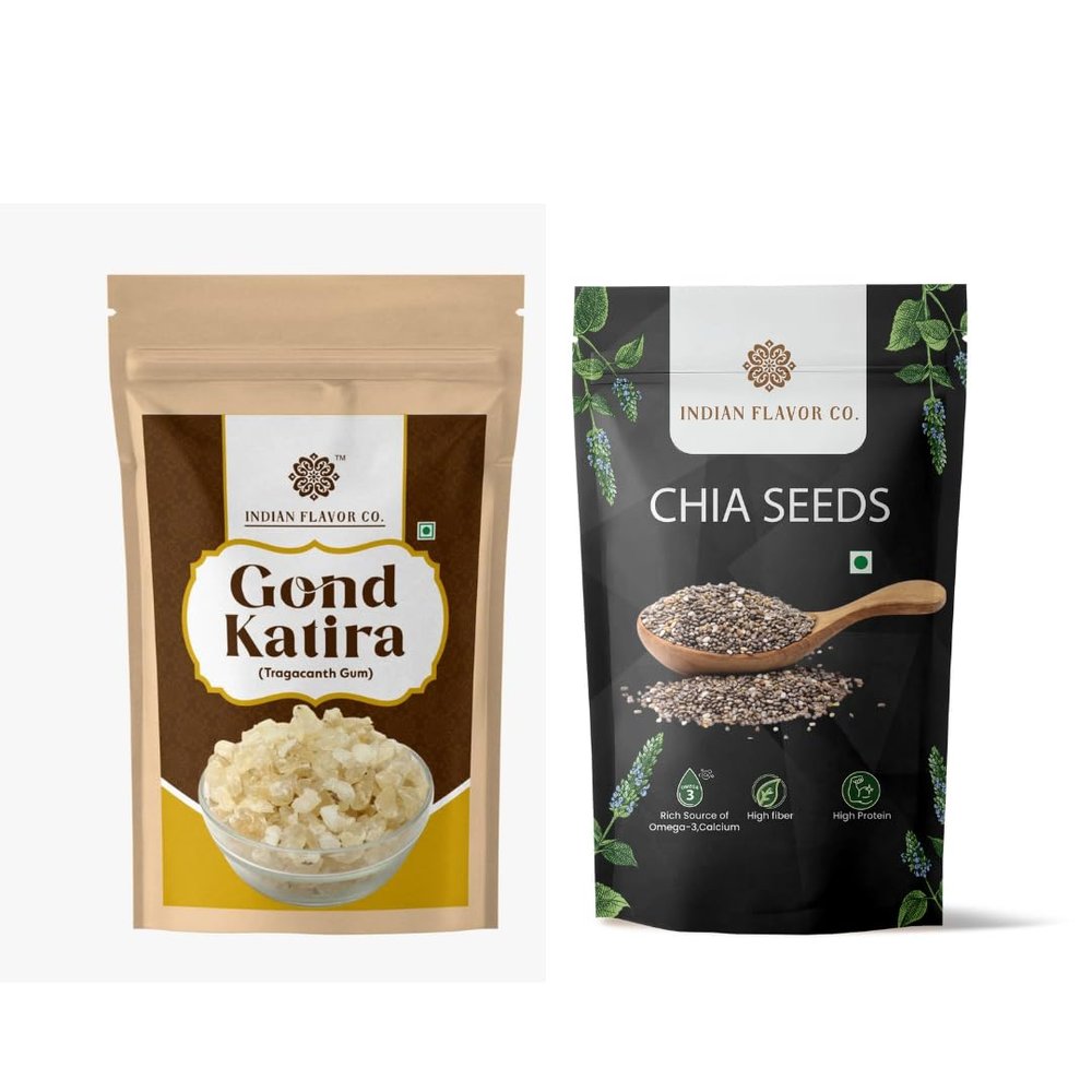 INDIAN FLAVOR CO. Premium Gond Katira 300g and Chia Seeds 200g | 100% Pure and Natural Edible Gum | Cooling Properties