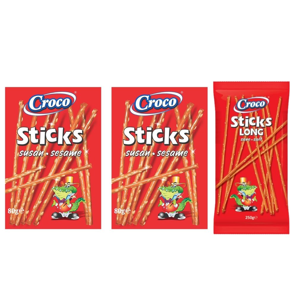 Croco Saseme Sticks Snack 80G Each, Pretezels Sticks, Imported Savories Snacks (Pack of 2) and Croco Long Stick Pretzels Snacks Salted 250G, Imported Namkeen Sticks. Combo Pack
