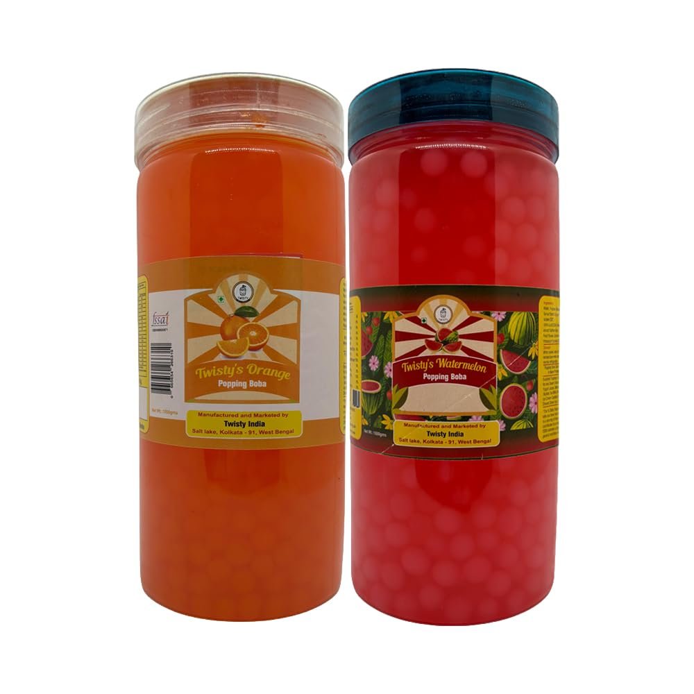Twisty The Boba Station Boba Combo Pack of 2 | Popping Boba Orange & Watermelon Flavors 1 Kg Each for Bubble Tea, Milkshakes, Ice Cream & Yogurt | Vegan, 20 Straws Included