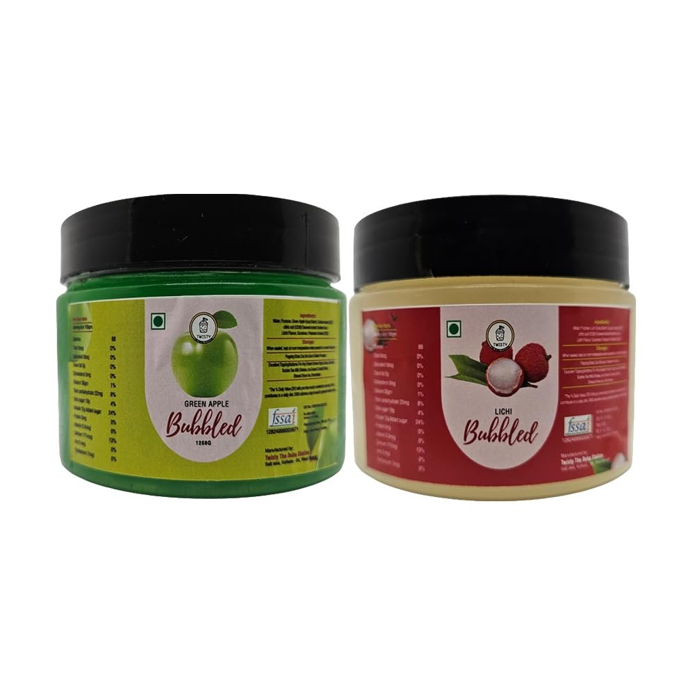 Twisty The Boba Station Popping Boba Combo  Green Apple & Lychee Flavors with 12mm Straws | Bubble Tea, Milkshakes, Ice Cream, Yogurt Toppings | Fruity Bursting Pearls | 2 Packs x 330g