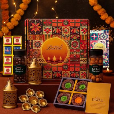 Fruitri Premium Diwali Gift Hamper | Luxury Dry Fruit & Chocolate Combo with Metal Urli, Lanterns, Clay Lamps & Festive Card | Perfect Corporate & Family Gifting
