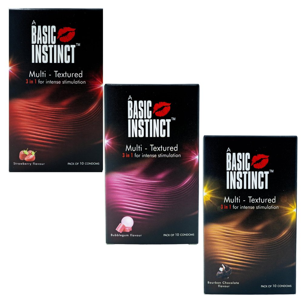 Basic Instinct Ultra Thin Condoms Multi Texture Bubble Gum Flavour 10Pcs, Multi Texture Strawberry Flavour 10 Pcs Multi Texture Bourbon Chocolate Flavour 10Pcs (Pack of 3)
