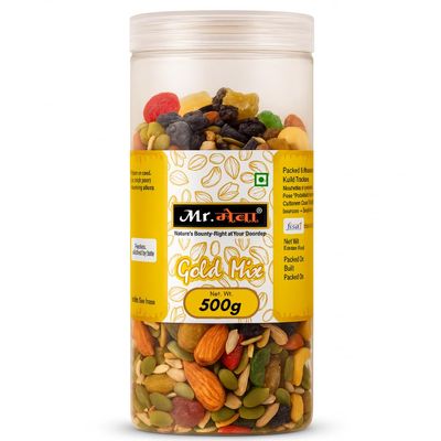 Mr Meva Gold Mix Trail Mix 500g | Nutritious Mix of Nuts, Seeds & Berries | Healthy Dry Fruits Superfood with Roasted Almonds, Cashews, Raisins, Cranberries, Blueberries, Dried Kiwi, Dried Pineapple, Pumpkin & Sunflower Seeds | Protein Rich Snack