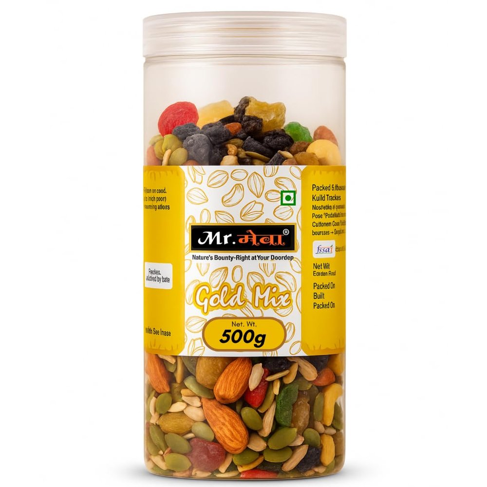 Mr Meva Gold Mix Trail Mix 500g | Nutritious Mix of Nuts, Seeds & Berries | Healthy Dry Fruits Superfood with Roasted Almonds, Cashews, Raisins, Cranberries, Blueberries, Dried Kiwi, Dried Pineapple, Pumpkin & Sunflower Seeds | Protein Rich Snack