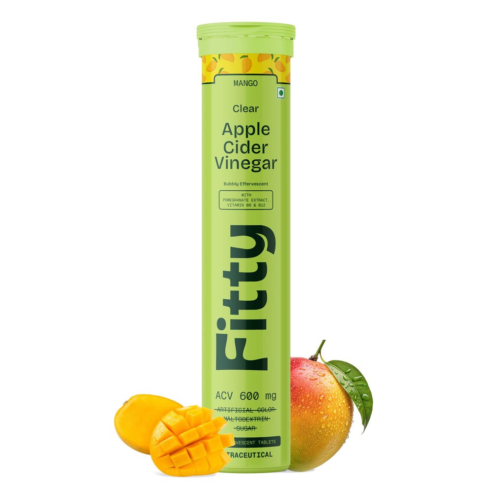 Fitty Apple Cider Vinegar Fizz 600mg | Mango Flavour | With Vitamin B6 & Stevia | Zero Sugar | Pack of 1