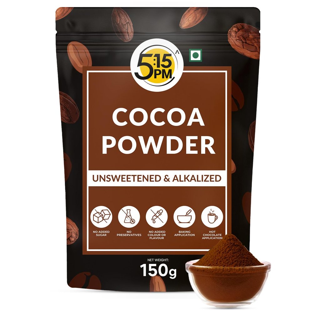 5:15 PM 100% Pure Unsweetened Cocoa Powder - 150g | Cocoa Powder for Cake | Coco powder without Sugar | Alkalized Coco Powder | Perfect for Cake, Baking, Hot Chocolate, Milkshakes & More 150g