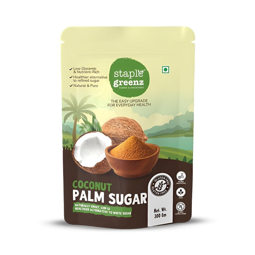 StapleGreenz Coconut Palm Sugar - 300g 100% Natural, Low GI Sweetener | Unrefined & Mineral-Rich | Healthy White Sugar Substitute for Tea, Coffee, Baking | No Added Preservatives, Colors and Flavor