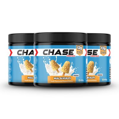 Chase High Protein Peanut Butter Creamy 400g x 3 | With Isolate Whey & 120g Protein in Jar | 12g Per Serve | Malai kulfi Flavour With Chunks | Healthy Nut Butter Spread for Breakfast, Fitness, Gym