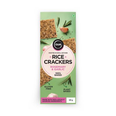 Awe Foods | Rice Crackers Rosemary & Garlic | Gourmet Gluten-Free Vegan Snack | Baked Not Fried | No Preservatives | Perfect for Cheese Boards & Wine Nights | 125g