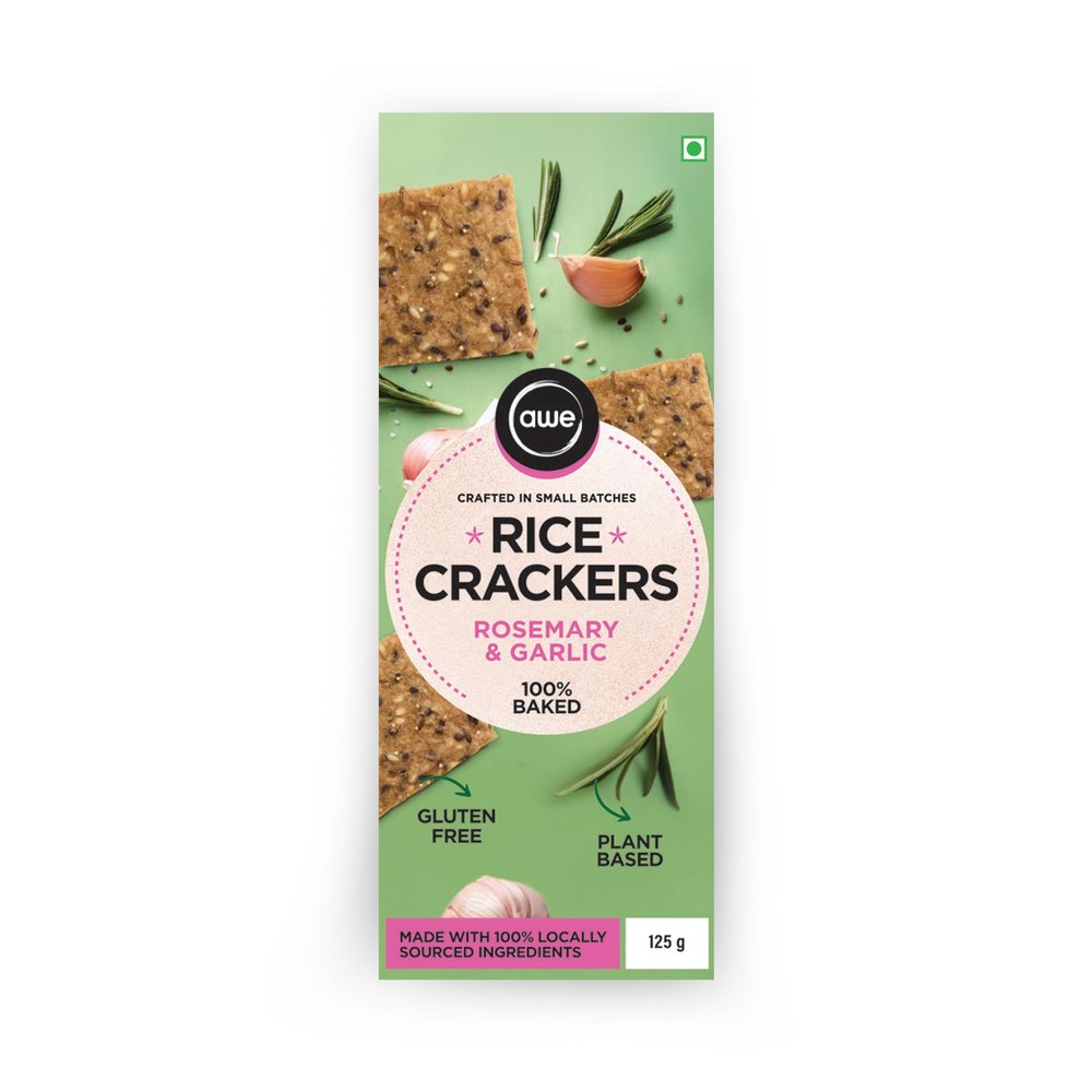Awe Foods | Rice Crackers Rosemary & Garlic | Gourmet Gluten-Free Vegan Snack | Baked Not Fried | No Preservatives | Perfect for Cheese Boards & Wine Nights | 125g