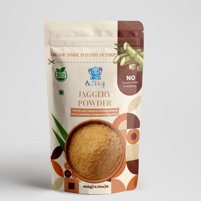 AdiRaj Organic Jaggery Powder | 100% Natural Unrefined Chemical-Free Sweetener | Healthy Desi Jaggery Sugar Alternative for Cooking Baking Beverages (Pack of 1, 400g)