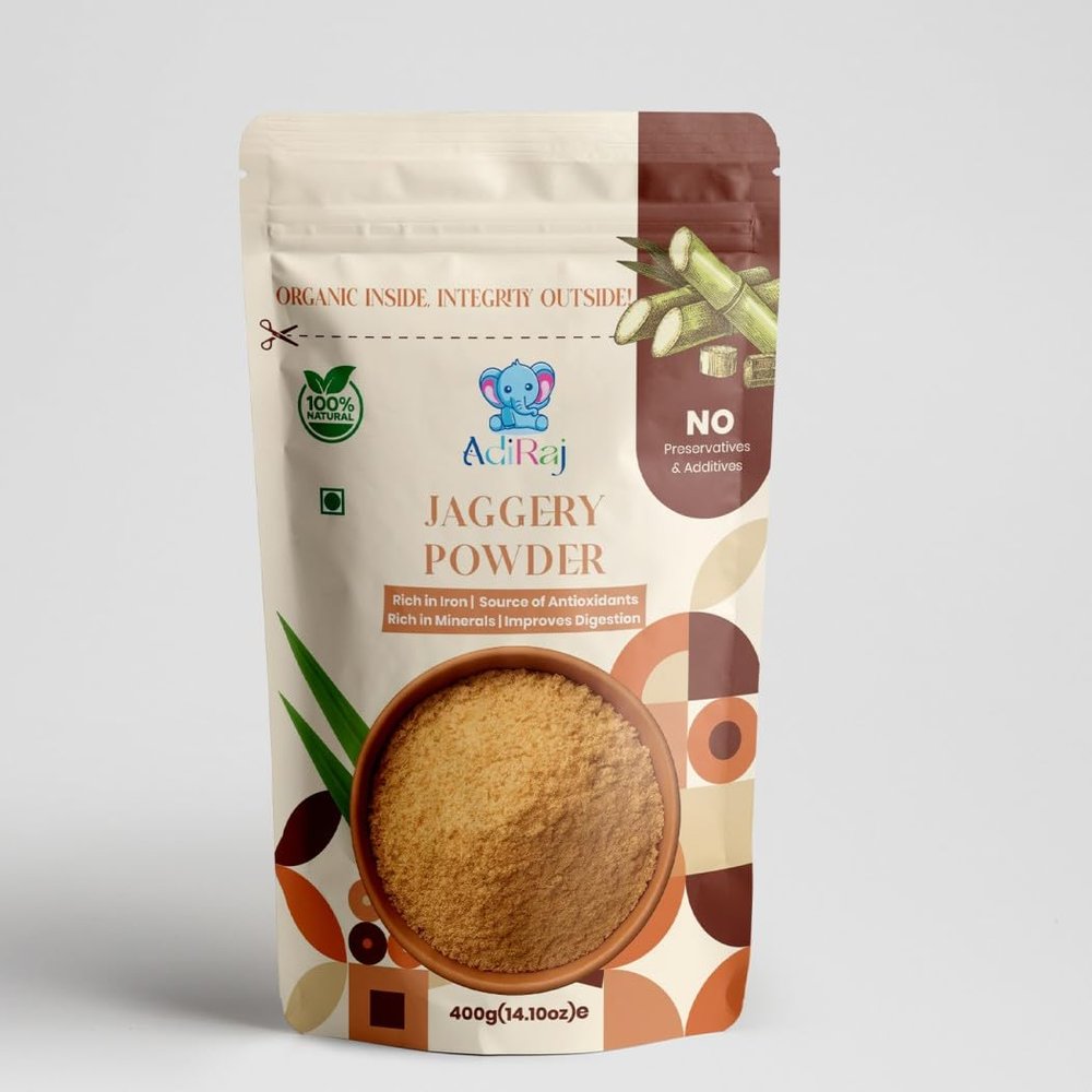 AdiRaj Organic Jaggery Powder | 100% Natural Unrefined Chemical-Free Sweetener | Healthy Desi Jaggery Sugar Alternative for Cooking Baking Beverages (Pack of 1, 400g)