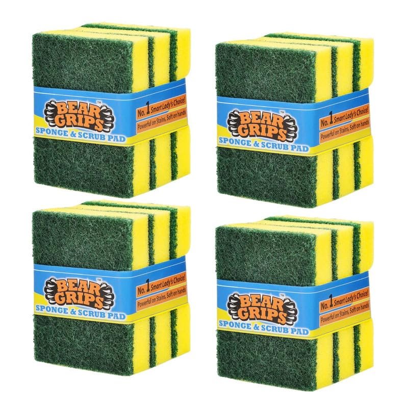 BEAR GRIPS Sponge Scrub pad for Utensils Cleaning in Kitchen Long Lasting Stain Removal Scrubber for Dish wash Liquid - Pack of 12