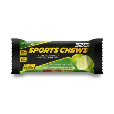 32GI Sports Chews - Energy Sustaining Jelly Bar- 50gm (4 blocks per pack)- Pack of 3 (Pack of 3, Lime)