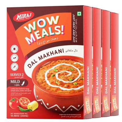 Miraj WOW Meals Ready to Eat Dal Makhani, Pure Vegetarian Meal, Mild Spicy, No Added Preservatives or Colors, 300g x Pack of 4