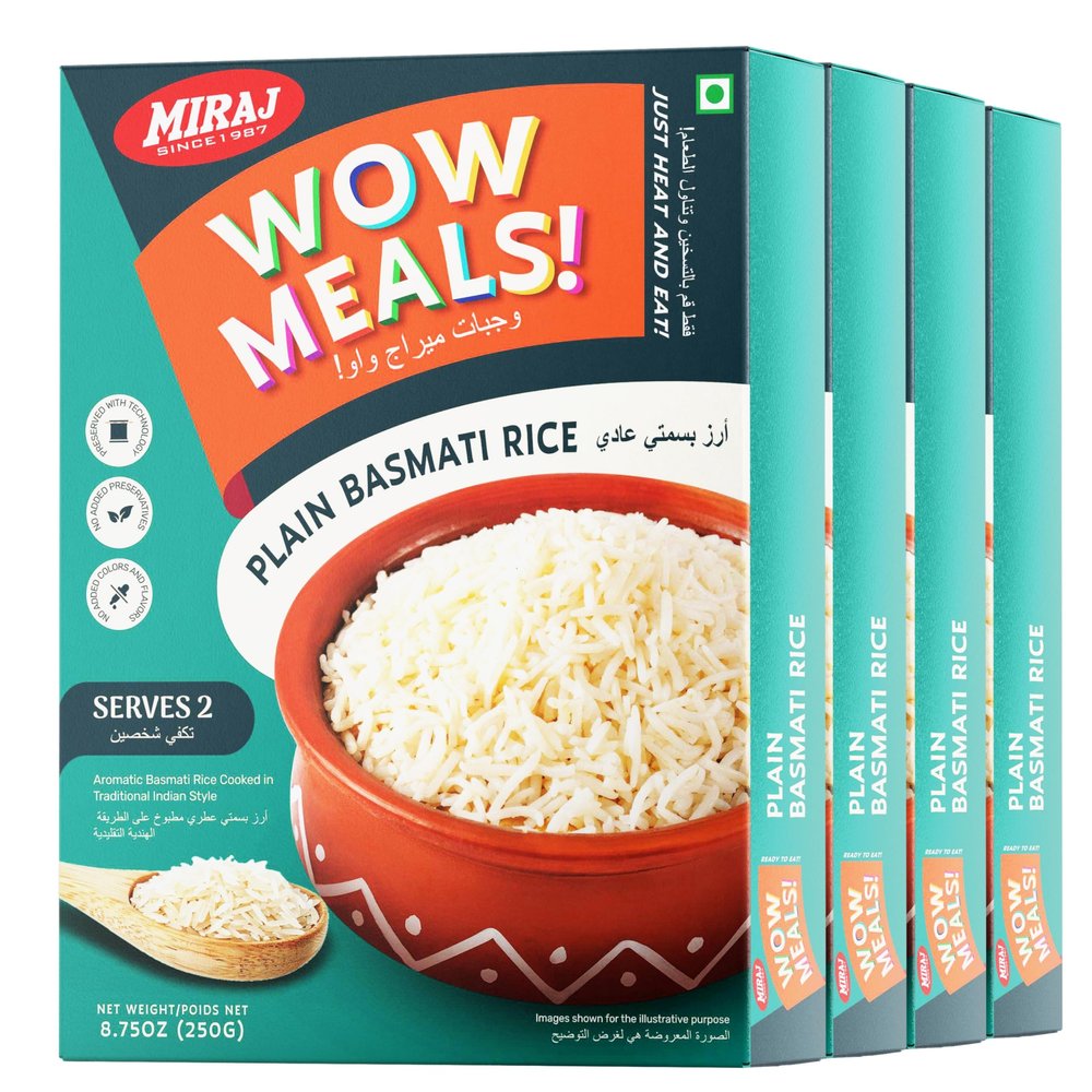 Miraj WOW Meals Ready to Eat Plain Basmati Rice, Aromatic Indian Style Steamed Rice, No Added Preservatives or Colors, 250g x Pack of 4