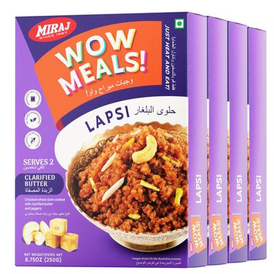 Miraj WOW Meals Ready to Eat Lapsi, Traditional Indian Dessert, Made with Jaggery, Clarified Butter & Dry Fruits, No Added Preservatives or Colors, 250g x Pack of 4