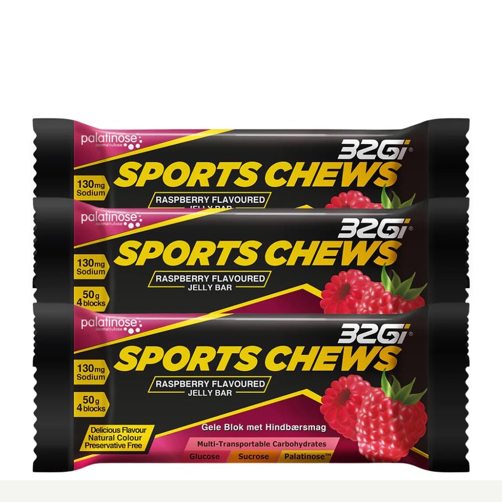 32GI Sports Chews - Energy Sustaining Jelly Bar- 50gm (4 blocks per pack)- Pack of 3 (Pack of 3, Raspberry)