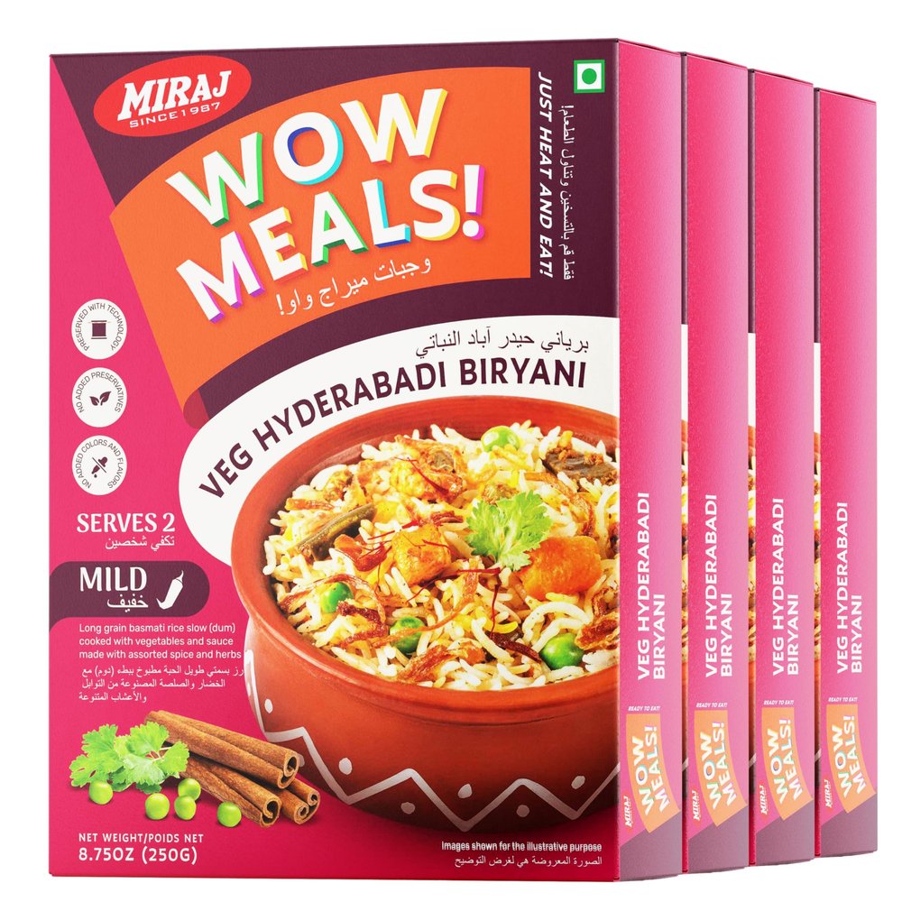 Miraj WOW Meals Ready to Eat Veg Hyderabadi Biryani, Vegetarian Meal, Mild Spicy, No Added Preservatives or Colors, 250g x Pack of 4