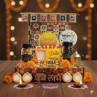 Bay Nut Traditional Diwali Festival Gift Set, Metal Lantern with Tea Lights and Dry Fruits 100gm, homemade choclates box 8 Pieces, 4 metal diya,Greeting card