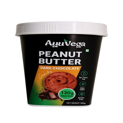 AyuVega Peanut Butter | Dark Chocolate | 500g | Crunchy High Protein Spread | Non GMO, Gluten Free, Energy Boost