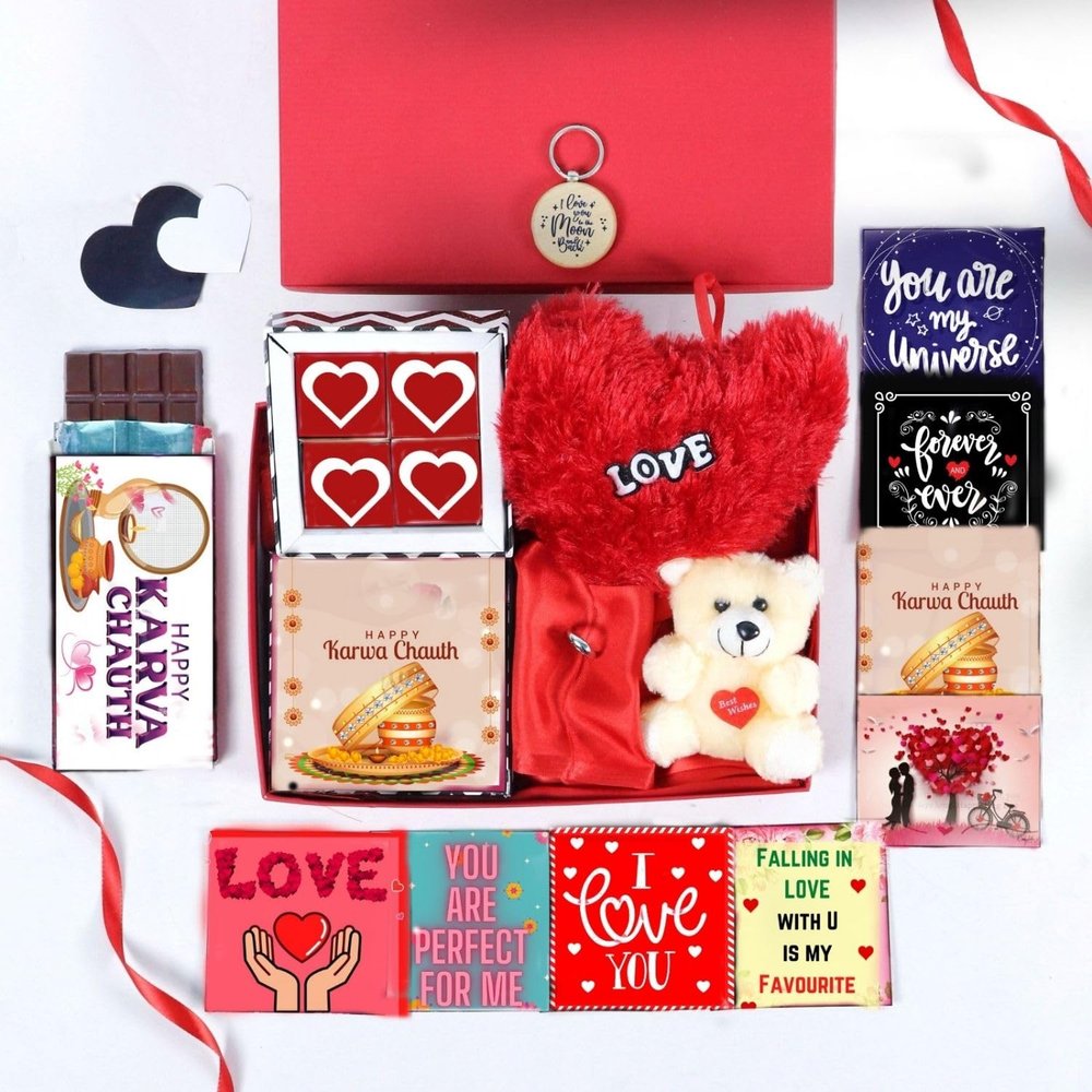 Expelite Karwachauth Chocolate Hamer with 4 Piece Chocolates Box, Teady, Heart Shape Pillow, Chocolate Bar, Key Chain, Key ringand Greeting Cards | Best Karwachauth Gift for Wife Under 400