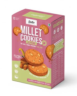 Millet Almond Cookies  110g | Made with Whole Wheat, Ragi & Jowar | Sweetened with Jaggery | Healthy Crunchy Cookies with Roasted Almonds | Individually Wrapped (Pack Of 2)