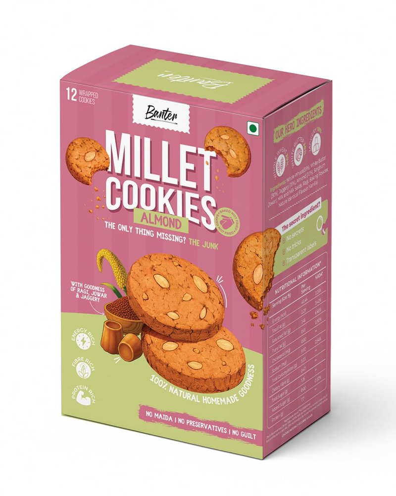Millet Almond Cookies  110g | Made with Whole Wheat, Ragi & Jowar | Sweetened with Jaggery | Healthy Crunchy Cookies with Roasted Almonds | Individually Wrapped (Pack Of 2)