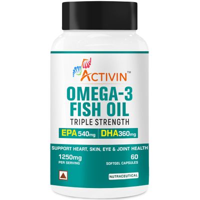 Activin Omega - 3 Fish Oil Triple strenghth for Men and Women | EPA 540 mg and DHA 360 mg | Burpless Fish Oil Supplement | 60 softgel Capsules