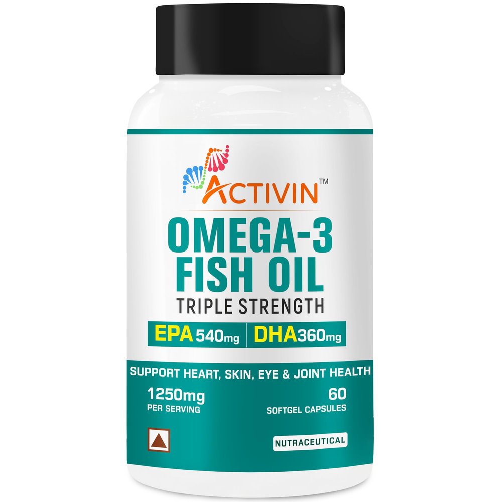 Activin Omega - 3 Fish Oil Triple strenghth for Men and Women | EPA 540 mg and DHA 360 mg | Burpless Fish Oil Supplement | 60 softgel Capsules