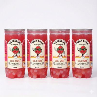Tiger Boba Chilli Guava Boba Drink with Popping Boba & Nata de Coco | Refreshing Ready-to-Drink | 200 ml Each | Pack of 4