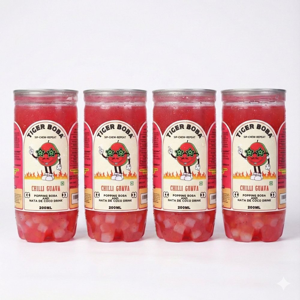 Tiger Boba Chilli Guava Boba Drink with Popping Boba & Nata de Coco | Refreshing Ready-to-Drink | 200 ml Each | Pack of 4