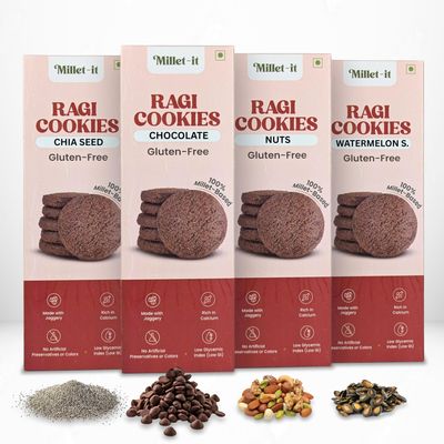 Millet-it Ragi Healthy Cookies Combo 480g  Chia Seeds, Dark Chocolate, Nuts & Watermelon Seed | Jaggery (No Refined Sugar) | NO Maida & Palm Oil | Gluten Free | Healthy Snack for Kids, Adults & Sugar-Conscious | Digestive Biscuit (Pack of 4)