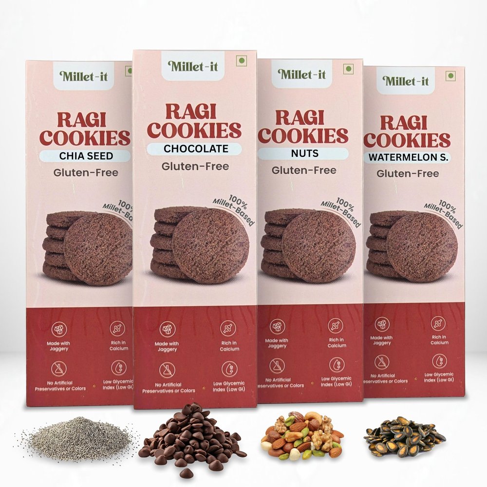 Millet-it Ragi Healthy Cookies Combo 480g  Chia Seeds, Dark Chocolate, Nuts & Watermelon Seed | Jaggery (No Refined Sugar) | NO Maida & Palm Oil | Gluten Free | Healthy Snack for Kids, Adults & Sugar-Conscious | Digestive Biscuit (Pack of 4)