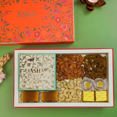 ASHA SWEETS Corporate Gift Hamper | Premium Assorted Sweets Box with DryFruit Trial Mix | Gifting for Employees, Clients & Colleagues |Traditional Mithai Gift Pack for Office Celebrations