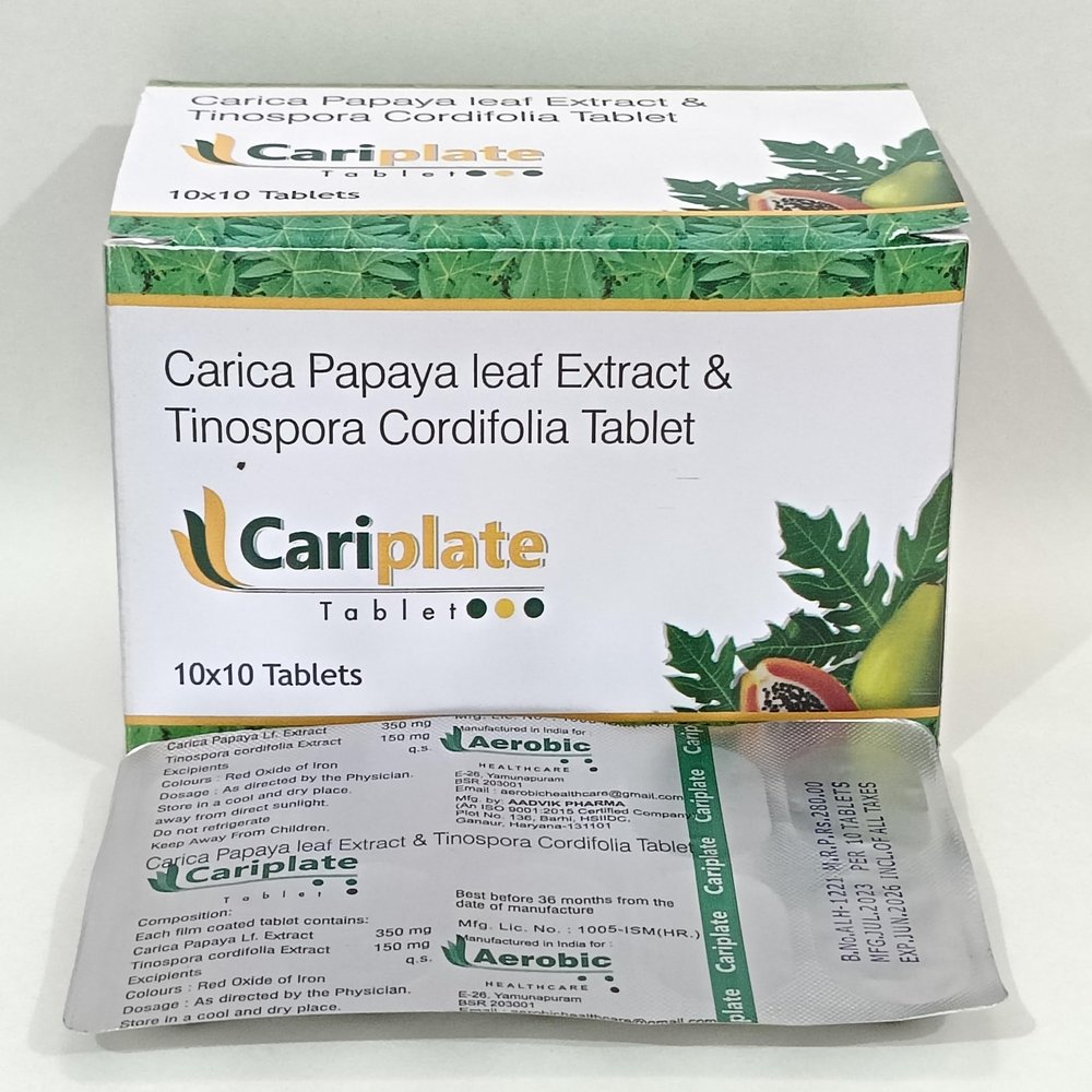Cariplate Papaya Leaf Extract and Tinospora Cordifolia Tablets, 10x10 Tablets Pack, 350mg Carica Papaya with 150mg Tinospora | Pack of 4 strips (40 tablets).