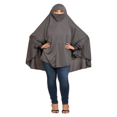 URBAN KANYA Full Coverage Khimar Hijab with Niqab, Long Sleeves, Cotton Blend Prayer Scarf, Multiple Colours (Dark Grey)